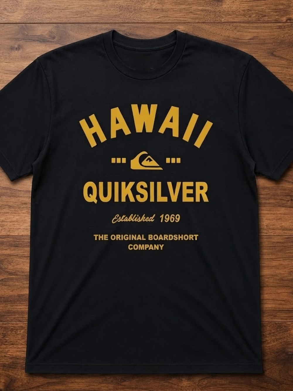Gildan Black T-Shirt with Gold Hawaii Quiksilver Graphic